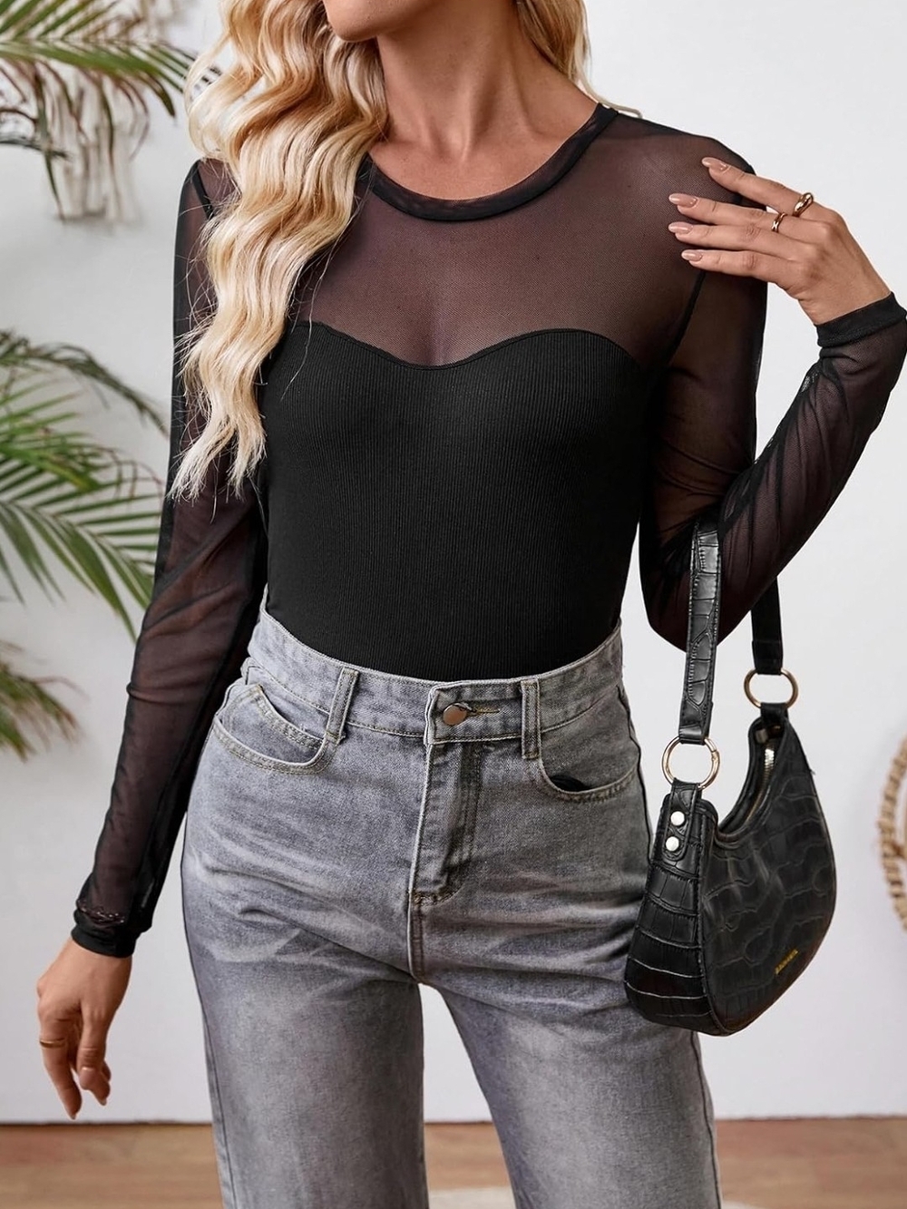 Allegra K Black Sheer Mesh Long-Sleeve Ribbed Bodysuit
